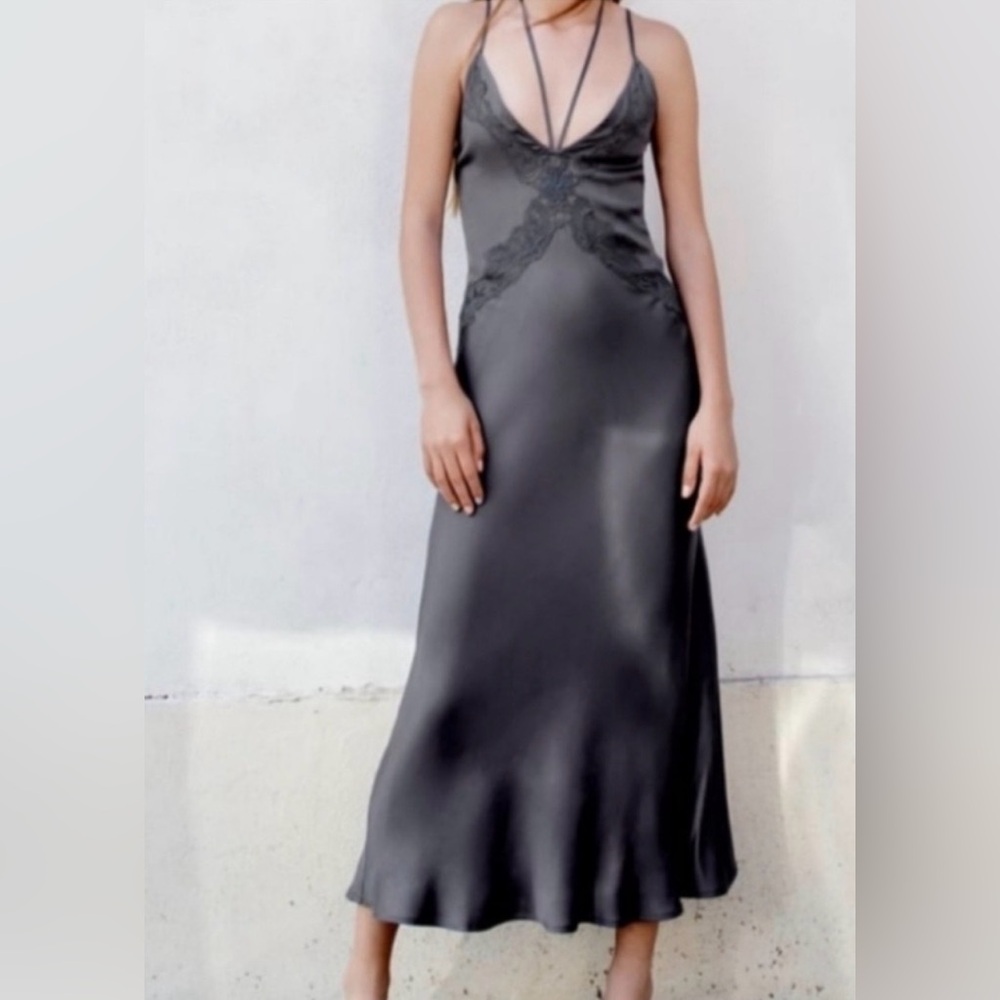 Zara Lace and Satin Slip Midi Dress Size M Gray